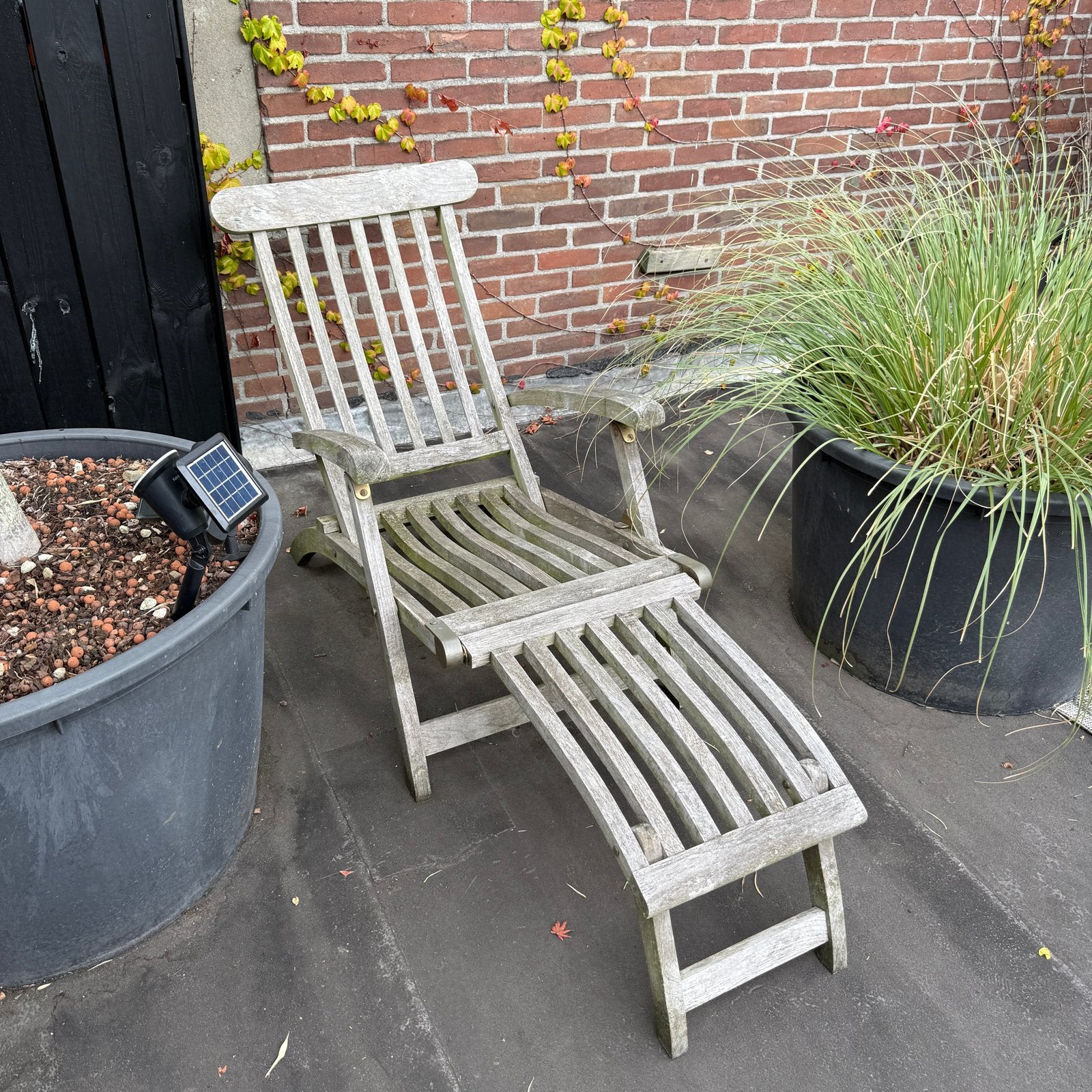 Verstelbare teakhouten ligstoel deckchair met voetenbank, Ophalen, Gebruikt, Hout, Inklapbaar
