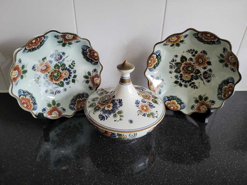Delfts Polychroom Schalen en Dekselpot - Handwerk, Ophalen