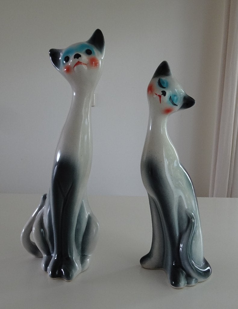 2 Vintage Katten Beelden met een Lange Nek van Porselein, Antiek en Kunst, Antiek | Porselein, Ophalen