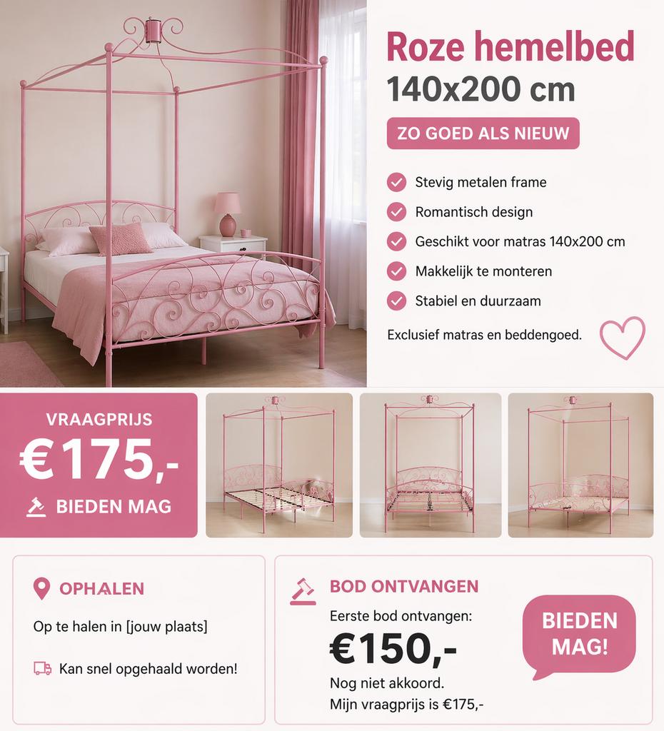 Roze hemelbed 140x200 – nieuw 100 euro mag het weg, Hoogslaper of Stapelbed, Nieuw, Ophalen of Verzenden, 100 cm of meer