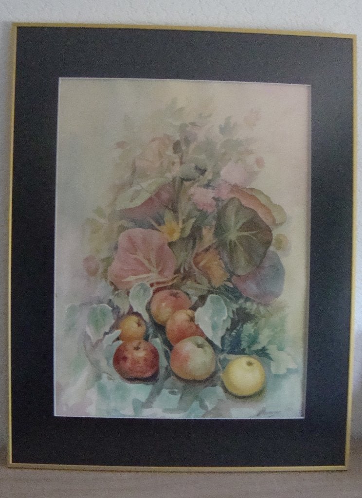 Stilleven met appels en bloemen / Aquarel - Jan Keustermans, Ophalen, Gedateerd, Realistisch, Stilleven