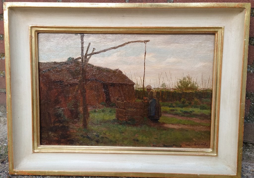 Felicien Bobeldijk (1876 - 1964) Larense Boerin bij waterput, Doek, Impressionistisch, Ophalen of Verzenden, Landschap