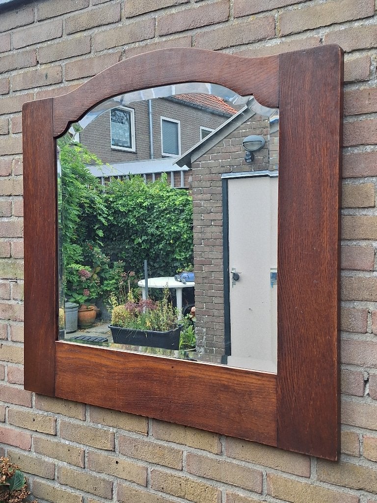 Antieke Amsterdamse School spiegel eikenhout – Art Deco, Ophalen, Overige vormen, 50 tot 100 cm, Minder dan 100 cm