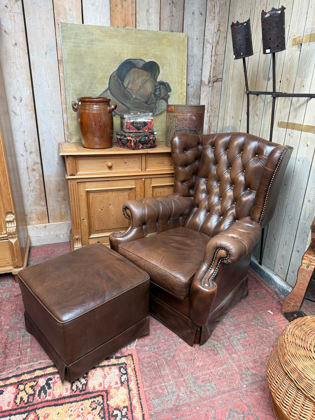 Vintage Leren Oorfauteuil met Hocker - Bruin, Ophalen