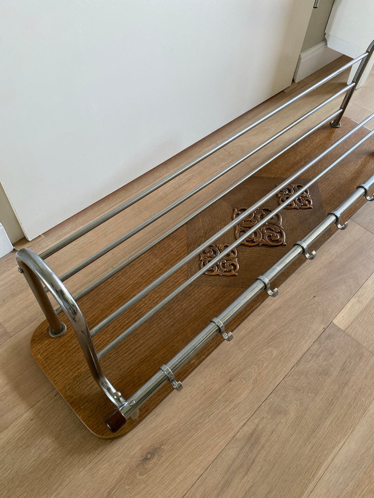 Vintage teak chrome midcentury kapstok 100 x 24, Gebruikt, Minder dan 100 cm, Hout, Ophalen