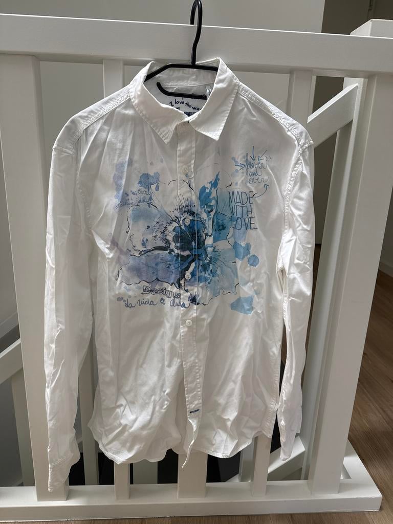 Desigual overhemd wit met blauwe print - Maat M, Kleding | Heren, Ophalen, Zo goed als nieuw, Wit, Halswijdte 39/40 (M)