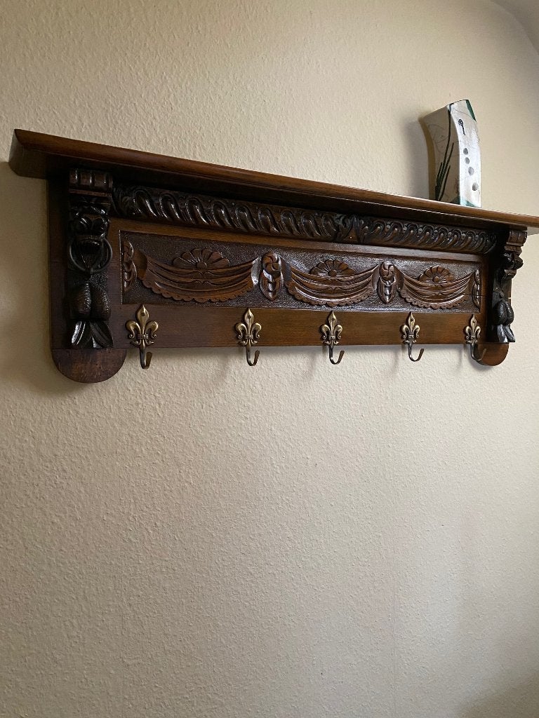 Antieke Wandkapstok met Snijwerk en Messing Haken, Wandkapstok, Ophalen of Verzenden, Zo goed als nieuw, Minder dan 100 cm