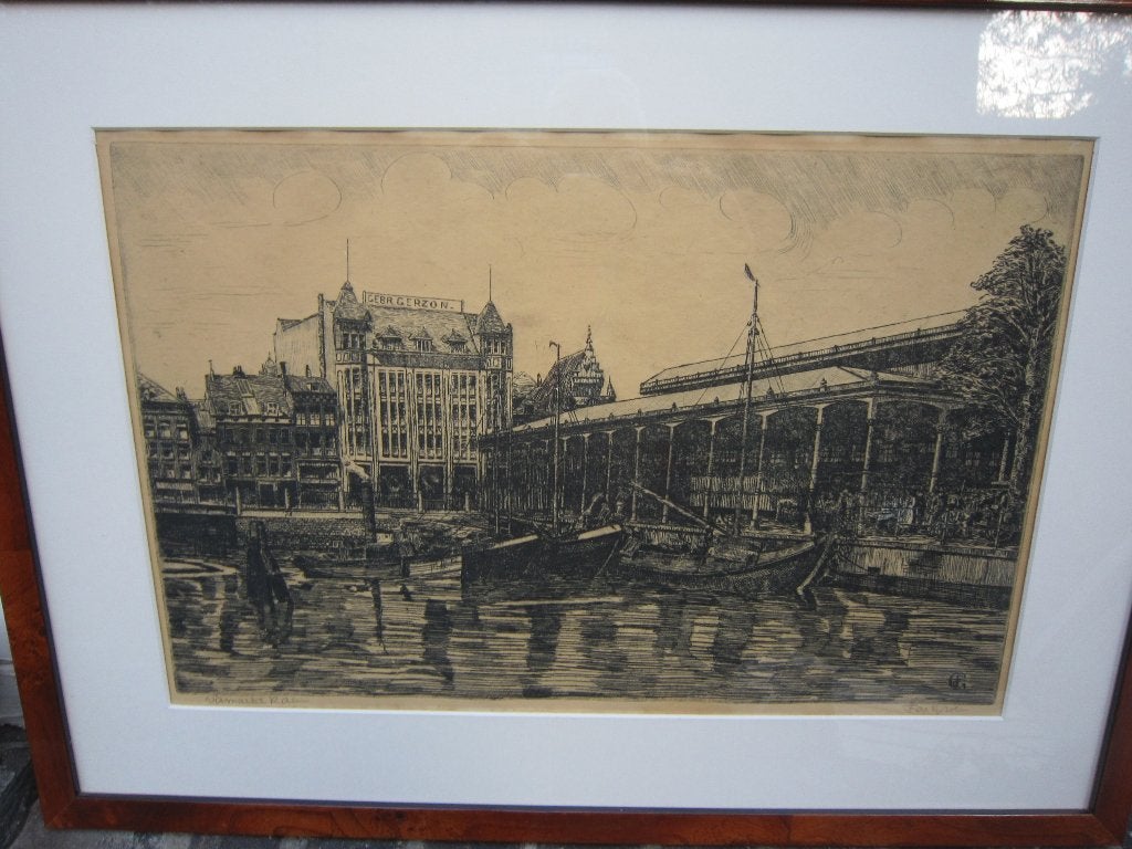 F. de Groen, Mooie Oude ets van de Visafslag Rotterdam, Ophalen of Verzenden, Architectuur, Ets, 1900 - 1949
