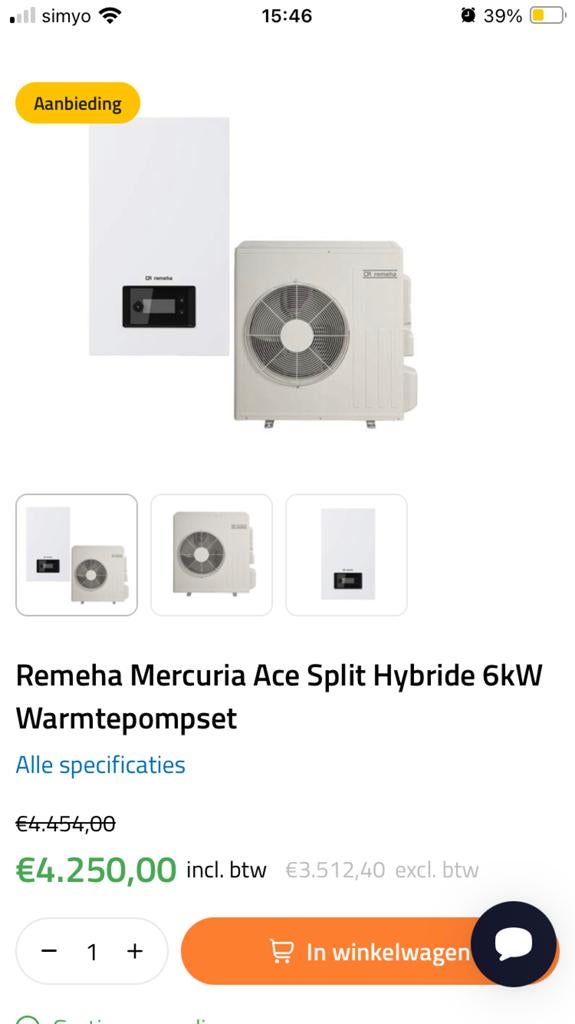 Remeha Mercuria elga ace 6KW hybride warmtepomp, Ophalen, Nieuw, Minder dan 60 cm, Overige typen