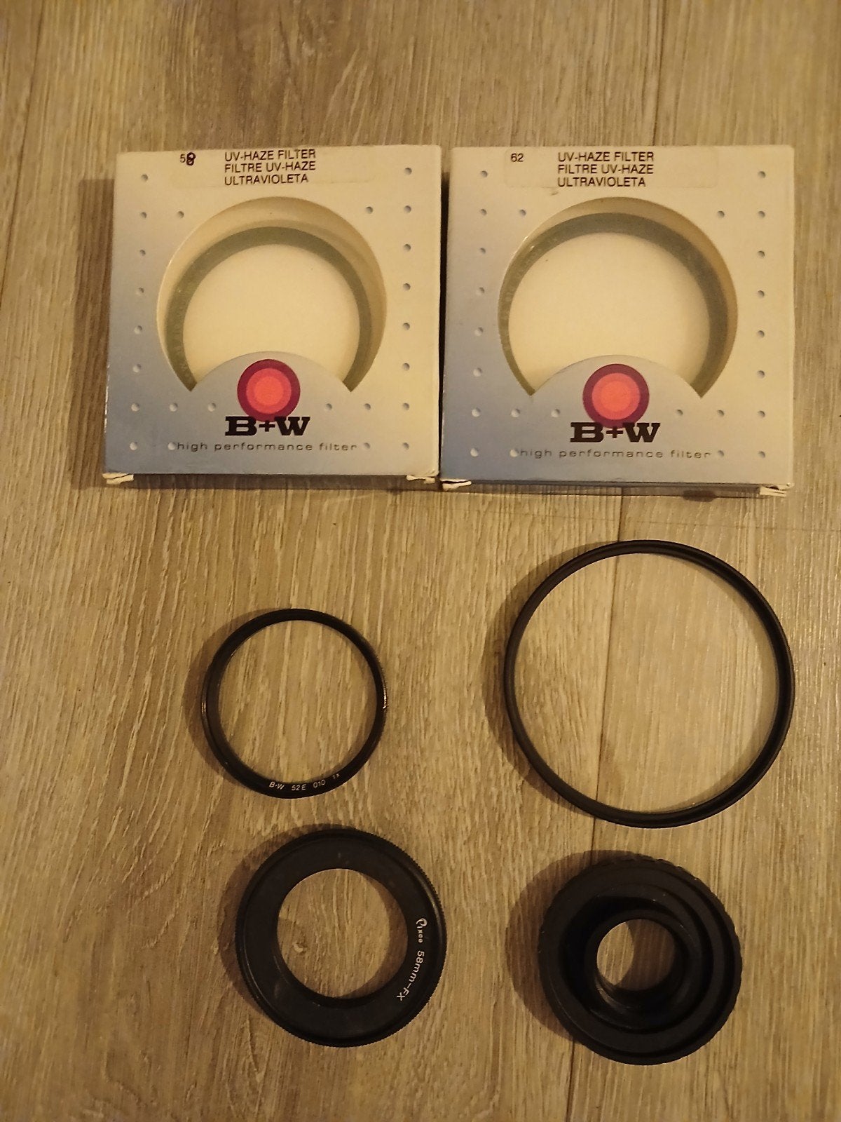 4 uv-filters, Risespray C-FX, 58mm-FX Fuji 58mm omkeerring, Gebruikt, B+W, UV-filter, Ophalen of Verzenden