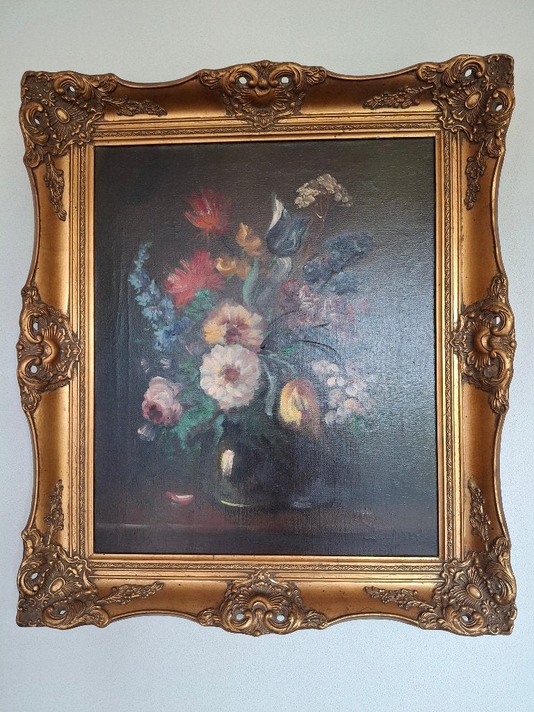 Prachtig schilderij met bloemstilleven, Doek, Bijzondere lijst, Olieverf, Klassiek
