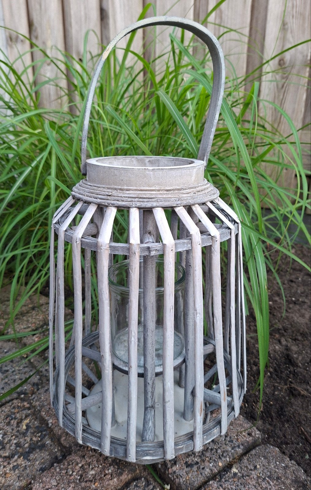 Lantaarn rotan grijs H35 Boho lantern bamboe Windlicht Nieuw, Lantaarn, Overige merken, 35 cm, Nieuw