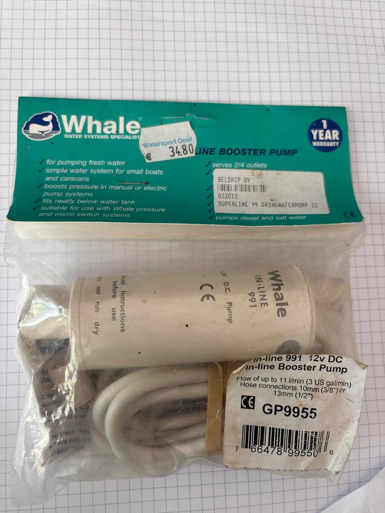 Whale In-line Booster Pomp 12V - Nieuw in verpakking, Caravans en Kamperen, Ophalen of Verzenden, Zo goed als nieuw