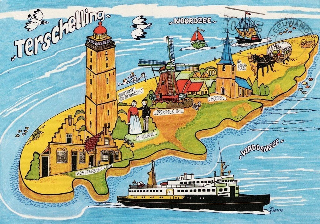 Terschelling getekend met boot, vuurtoren molen enz, 12, Ophalen of Verzenden, 1980 tot heden, Gelopen, Waddeneilanden