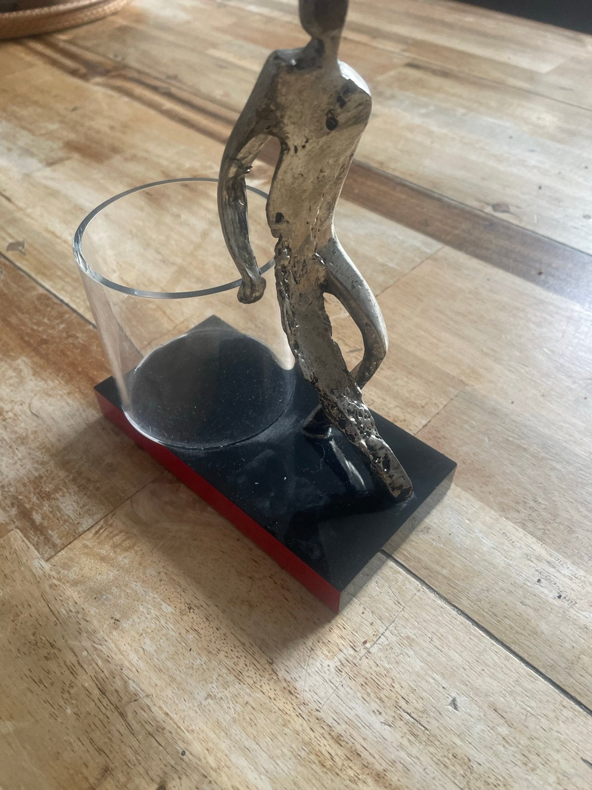 Unieke metalen sculptuur met glazen theelichthouder, Vintage, Gebruikt, Ophalen of Verzenden, Metaal
