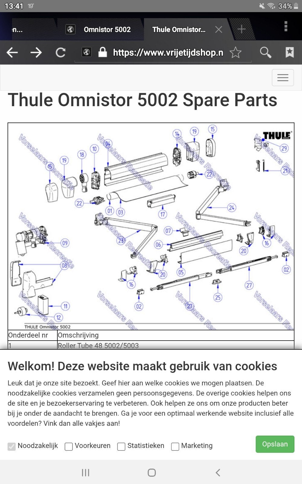 Luifel onderdelen omnistor thule 5000,5002,5003, Eén persoon, 3 overnachtingen of meer
