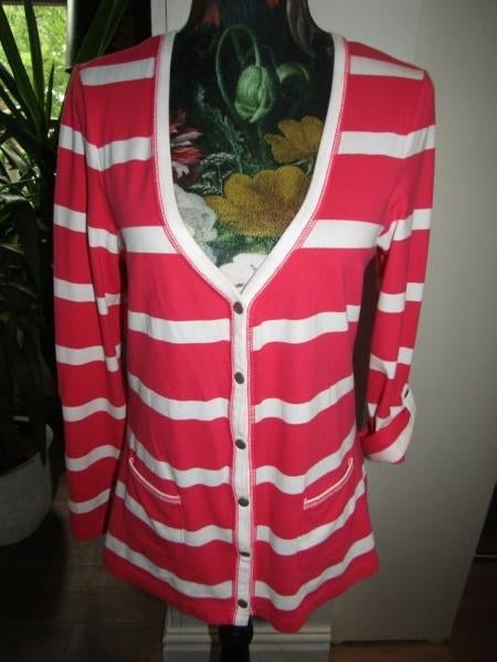 E1515 Stanfield mt M vest roze wit streep drukknopen, Kleding | Dames, Truien en Vesten, Zo goed als nieuw, Maat 38/40 (M), Roze