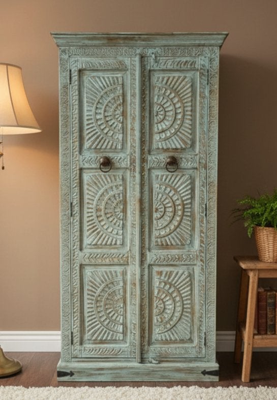 Oosterse vintage kast Indian Sun - turquoise, Met deur(en), 200 cm of meer, Nieuw, Ophalen of Verzenden