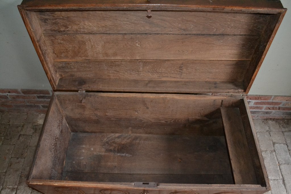 Prachtige antieke eiken houten dekenkist "ELZA 1743", Huis en Inrichting, Woonaccessoires | Kisten, 50 – 75, Gebruikt, 100 tot 150 cm
