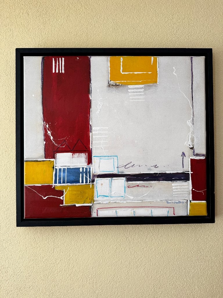 Abstract kunst Ron van de Werf rood/geel/wit, Ophalen