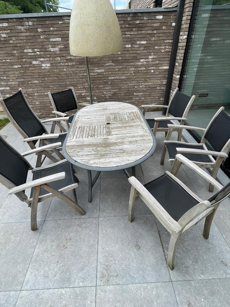 Tuinset met tafel en 6 stoelen, Tuin en Terras, Tuinsets en Loungesets, Ophalen, Gebruikt, 6 zitplaatsen, Teakhout