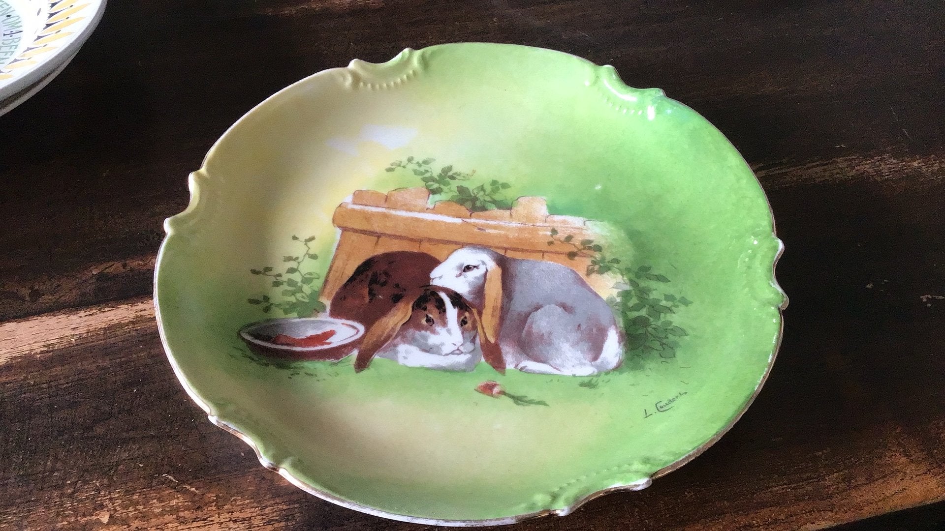 Te koop oud bord wandbord Limoges 2 konijntjes, Ophalen of Verzenden
