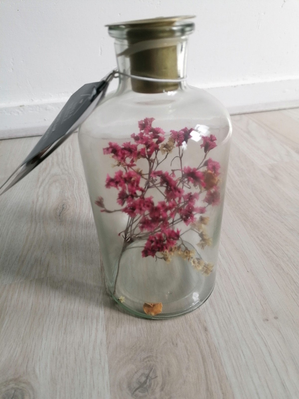 nieuw :Glazen fles met gedroogde bloemen - kandelaar houder, Inclusief droogbloemen, Meerkleurig, Nieuw, Ophalen of Verzenden