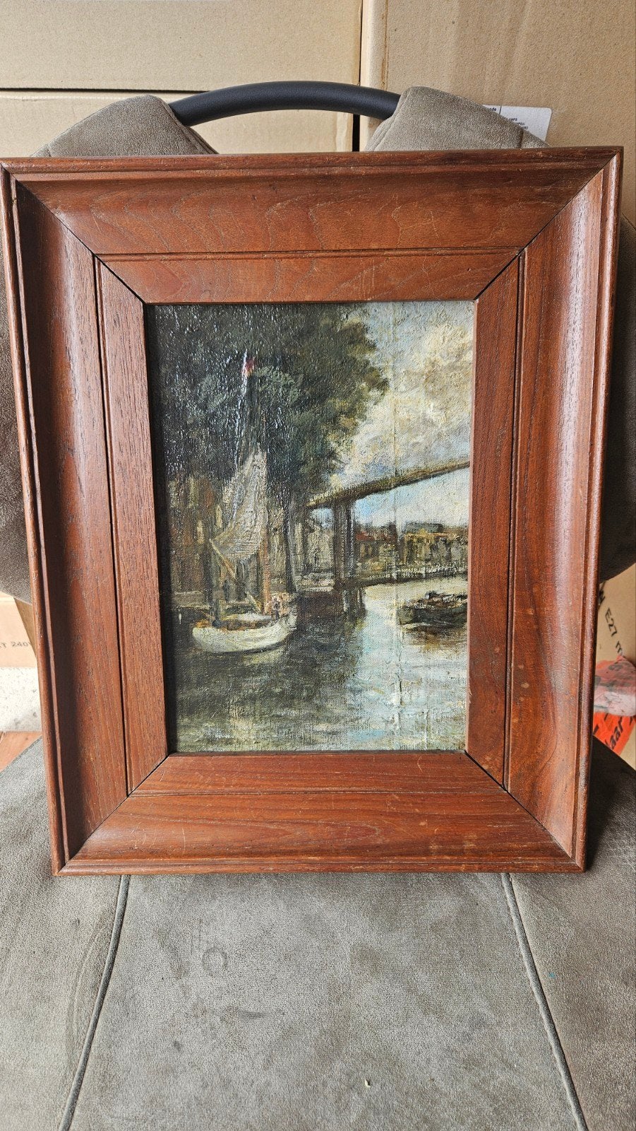 Oud Hollands schilderij: Havenzicht met brug en boten, Ophalen of Verzenden