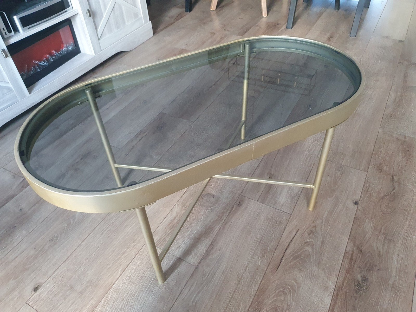 Gouden salontafel met glazen blad, Ophalen, Gebruikt, 100 tot 150 cm, 50 tot 100 cm