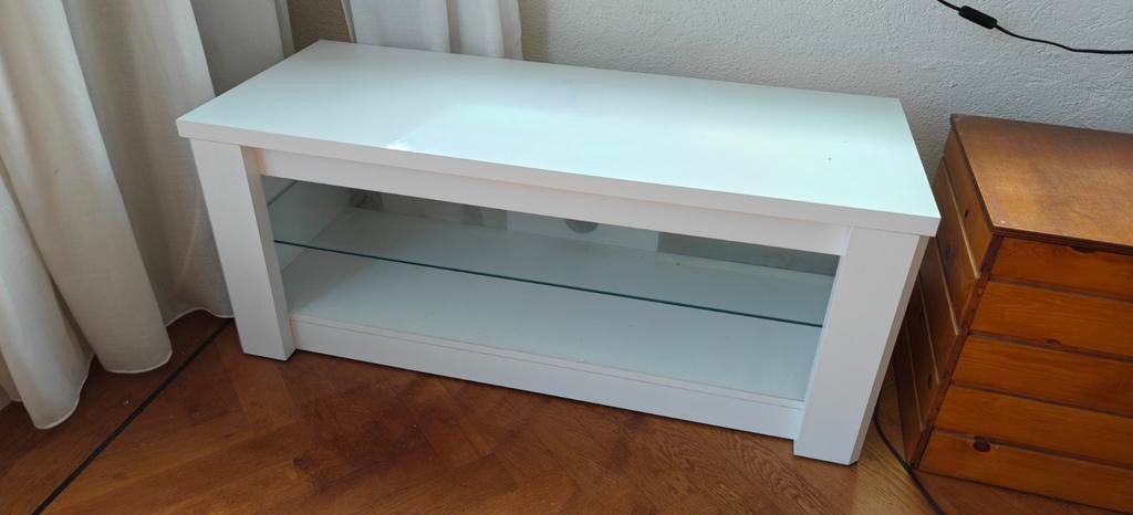 Wit tv-meubel met glazen plaat - 41x100x40 cm, Huis en Inrichting, Kasten | Televisiemeubels, Ophalen, Gebruikt, 100 tot 150 cm