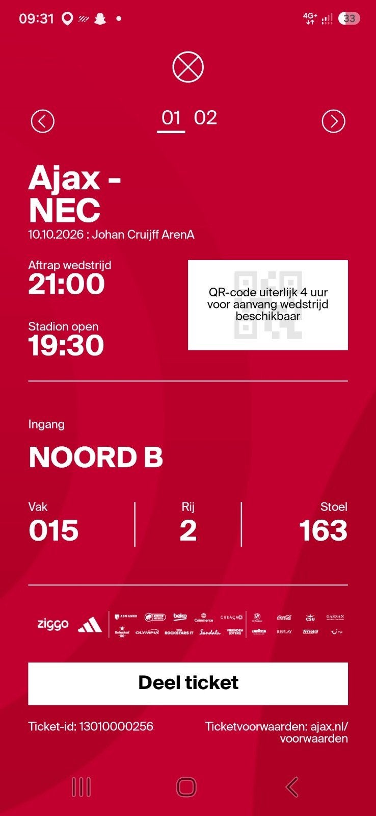 ajax nec, Tickets en Kaartjes, Twee personen, Oktober