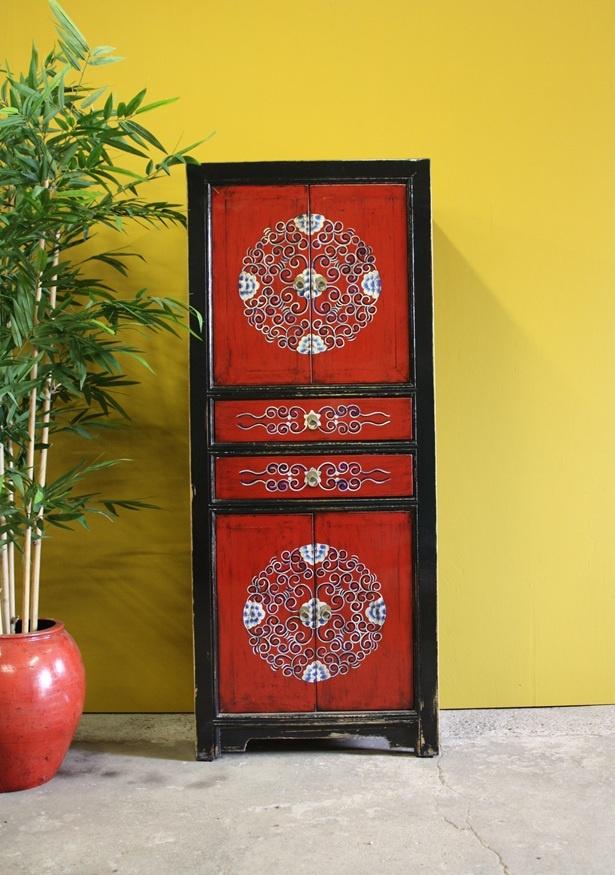 Kleurrijke Chinese 4-Deurs Kast Vintage Style Uniek Meubel, Met plank(en), Werelds Uniek Kleurrijk Landelijk Vintage Oosters Bohemian Chic