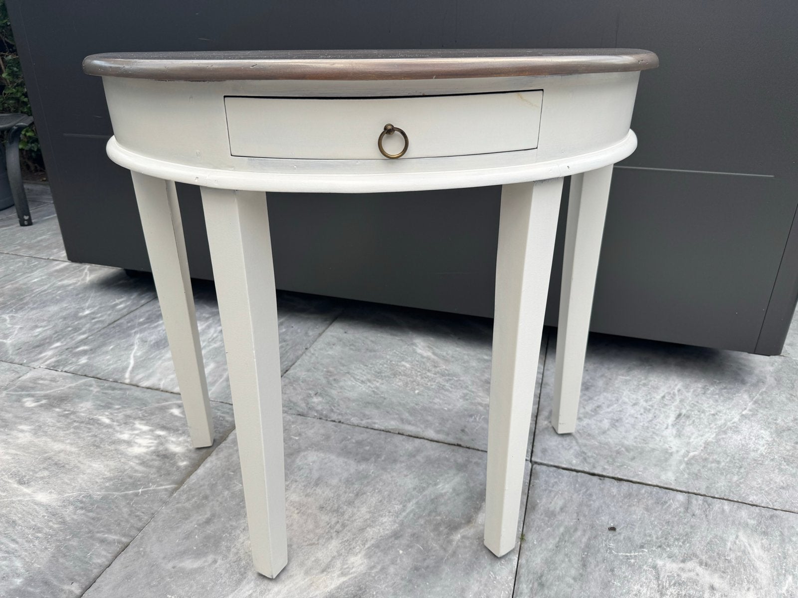 Halfronde sidetable met lade - Crème en hout, Ophalen, Gebruikt, 55 tot 75 cm, Overige vormen