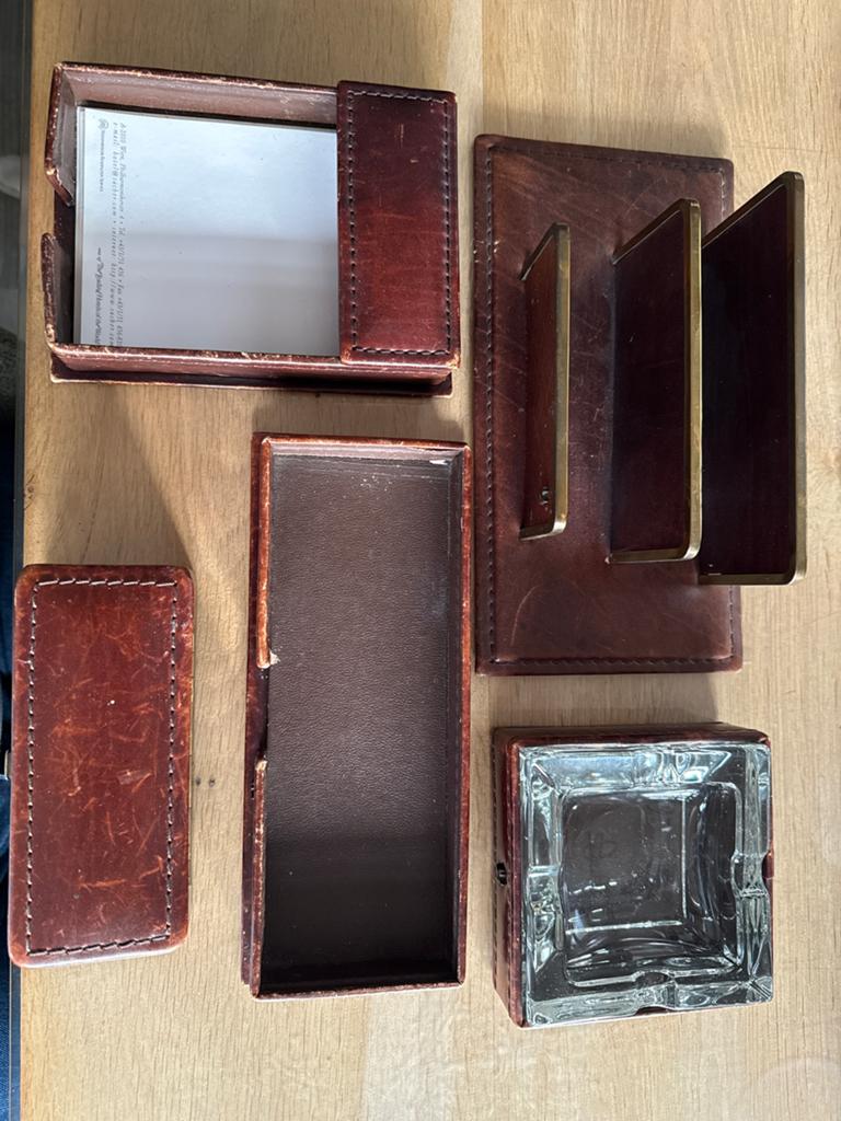 Assima Bruin Lederen Bureau Accessoires Set, Antiek en Kunst, Ophalen of Verzenden