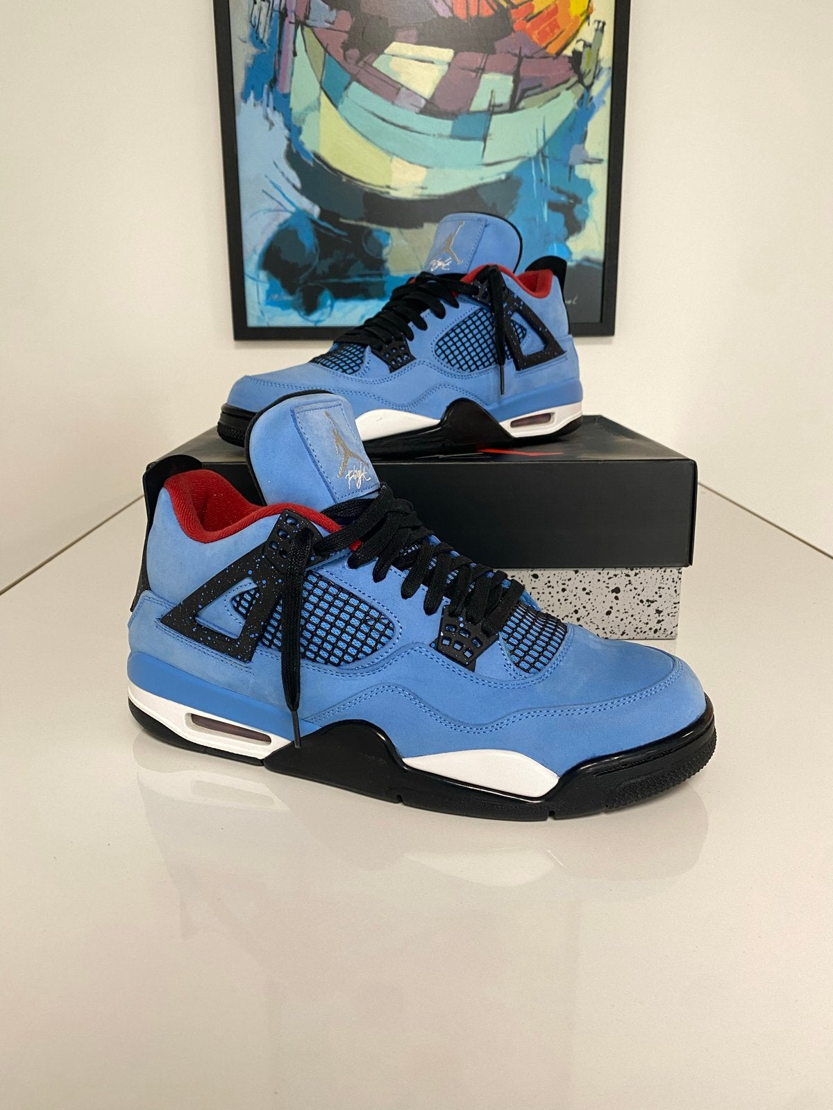 Nike Air Jordan 4 Travis Scott University Blue Maat 45, Sneakers of Gympen, Gedragen, Verzenden, Blauw