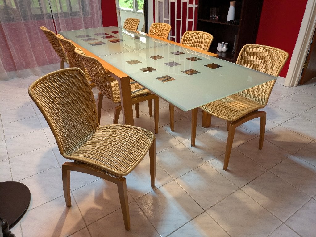 Ligne Roset Eettafel Extensia (140/260 cm) + 8 Libra Stoelen, Ophalen, Gebruikt, 200 cm of meer, 50 tot 100 cm