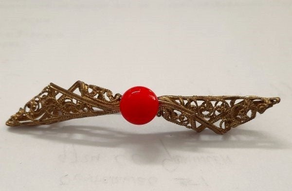Antieke Tsjechische broche met koraalrode steen, Ophalen, Overige materialen, Broche, Verguld