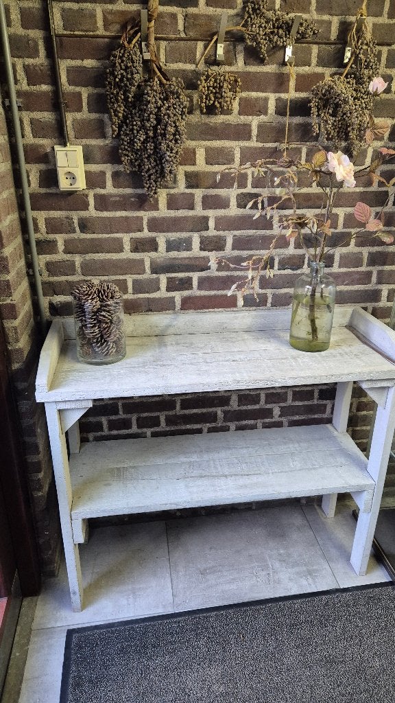 Mooie landelijke houten whitewash sidetable met onderplank, Ophalen, Gebruikt, 100 tot 150 cm, Landelijk, brocante, rustiek