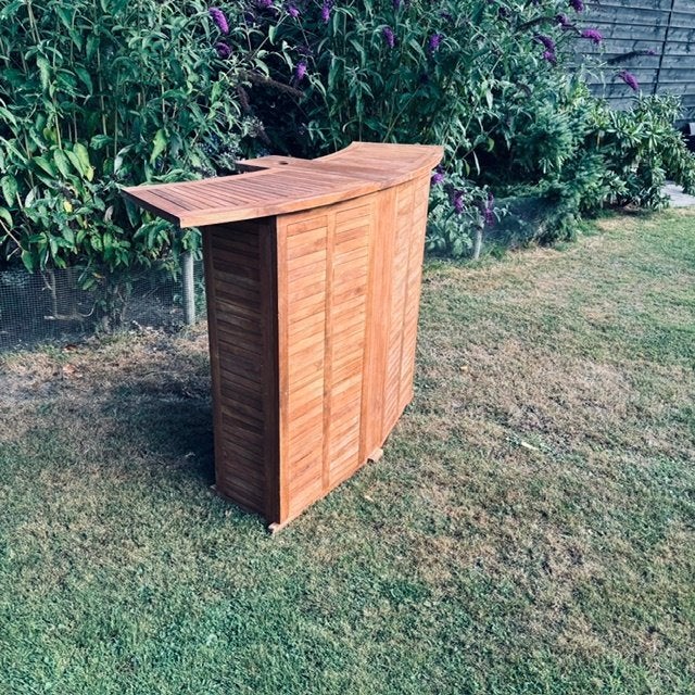 Massief teakhouten bartafel met vier barkrukken, Ophalen, Zo goed als nieuw, Inclusief barstoelen