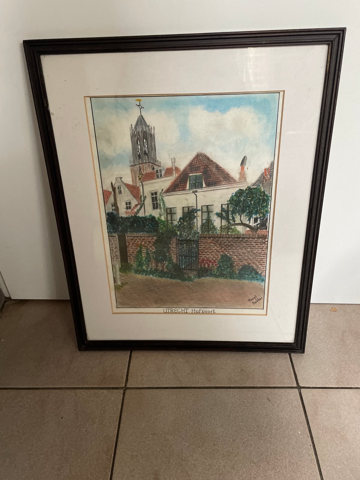 Schilderij Utrecht Hofpoort - Karel Bakker, Antiek en Kunst, Realistisch, Ophalen of Verzenden, Gesigneerd, Gemengde techniek