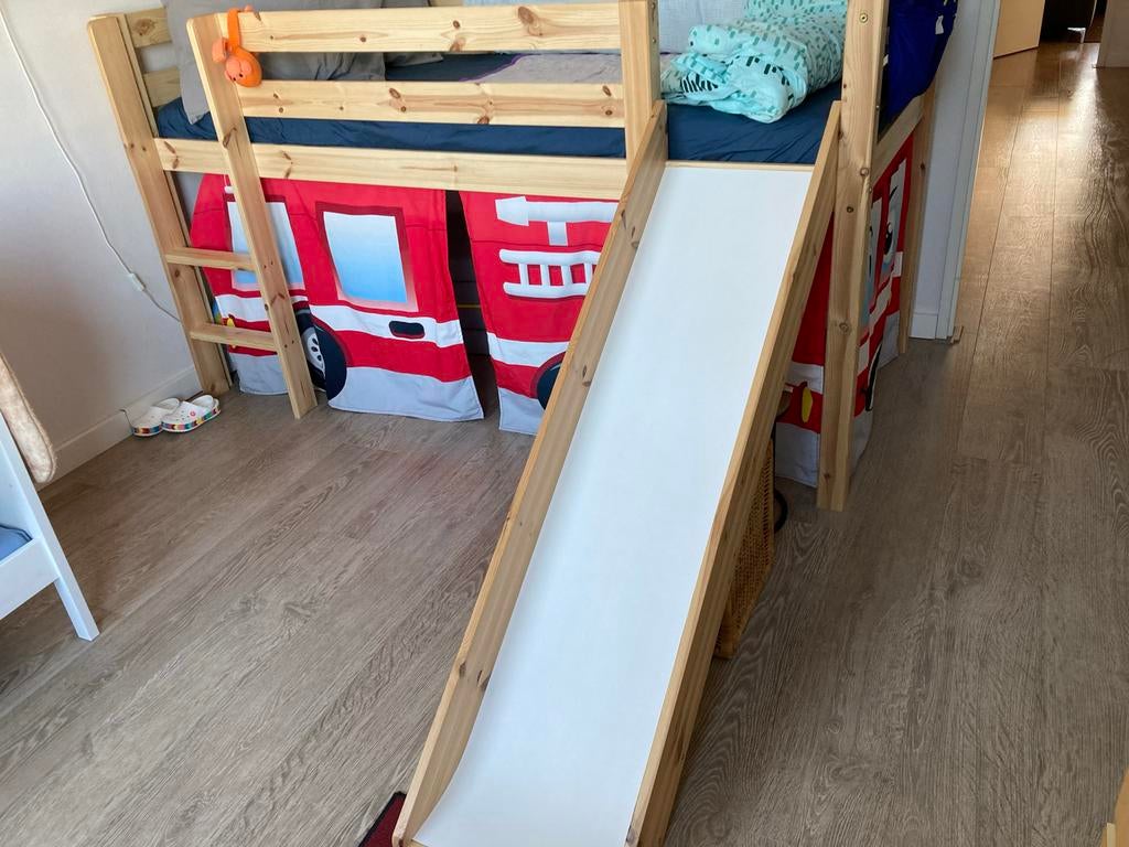 Kinderhoogslaper met glijbaan (90x200) - massief hout, Ophalen, Gebruikt, Hoogslaper