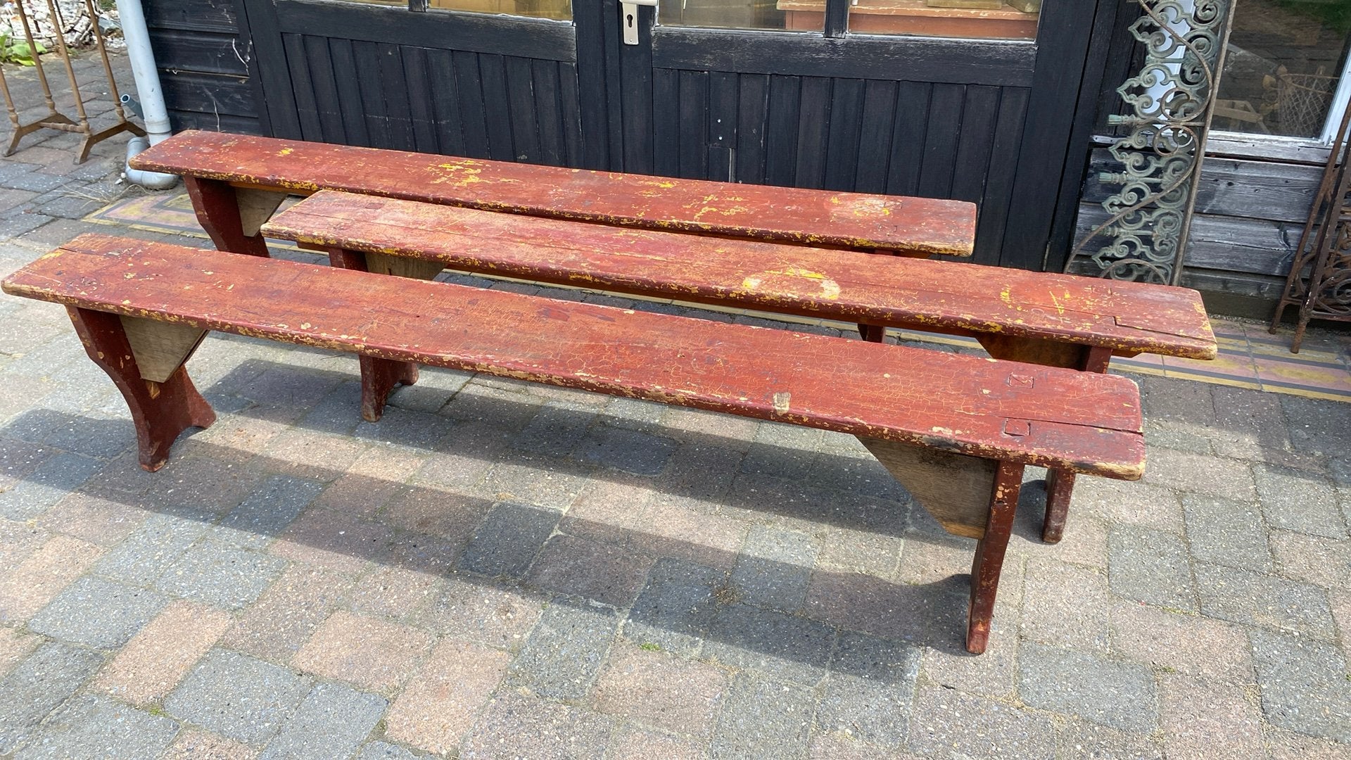 3 houten franse bankjes., Ophalen, Zo goed als nieuw, Hout