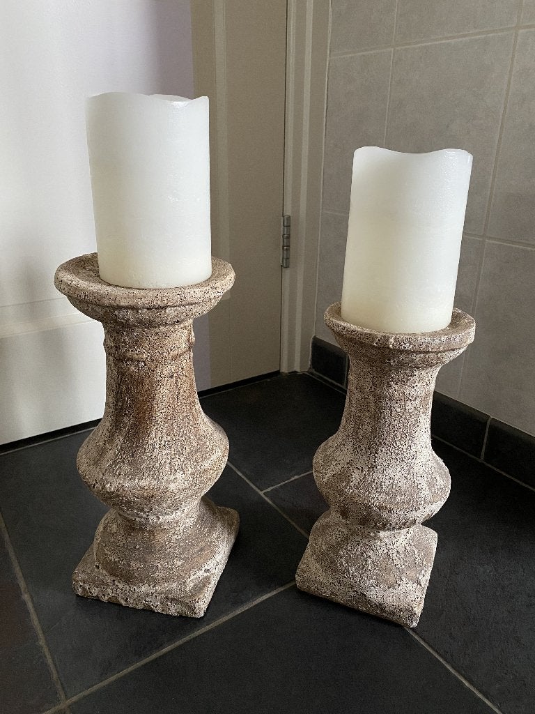 Set van 2 kandelaars / Kaars zuilen / Sokkel - Gips, Bruin, Overige merken, 35 cm, Ophalen of Verzenden