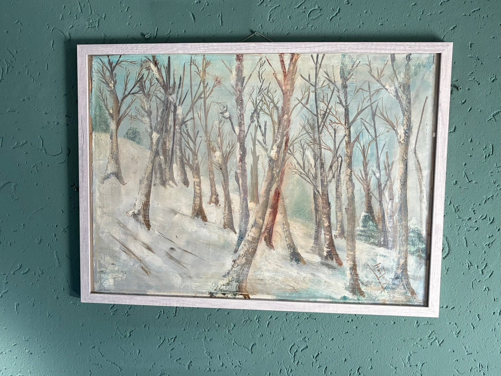 Acrylgeschilderd landschap winterse bosscène - H. de Jong, Antiek en Kunst, Acrylverf, Doek, Impressionistisch, Ophalen of Verzenden