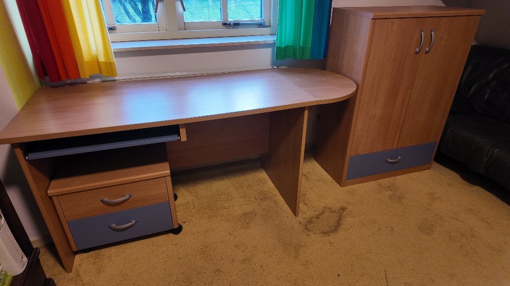 Kinderbureau met ladeblok en kledingkast - Blauw accent, Ophalen, Met lades, Hout, Kinderbureau