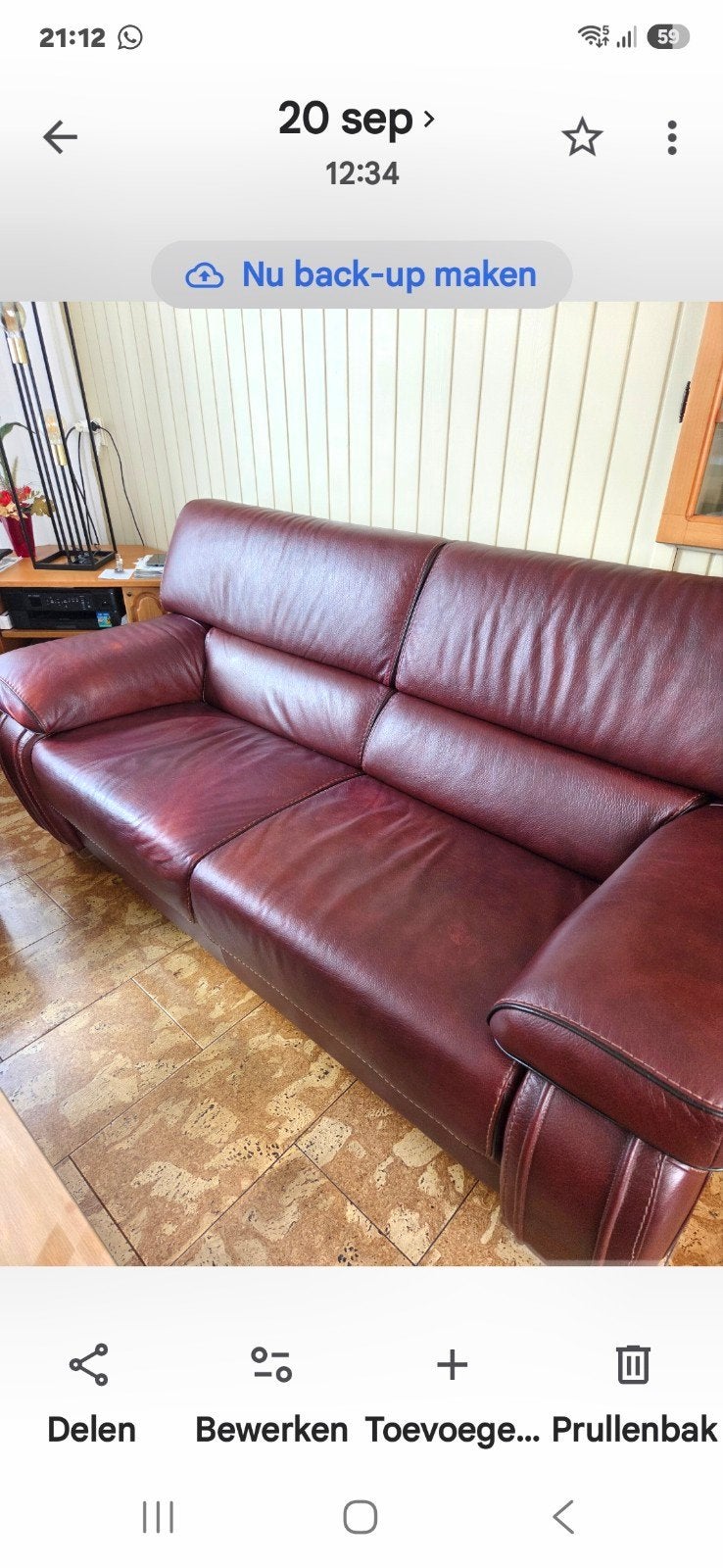 Comfortabele rode leren bank - 3-zits en 2 sits, Ophalen, Gebruikt, Driepersoons, Rechte bank