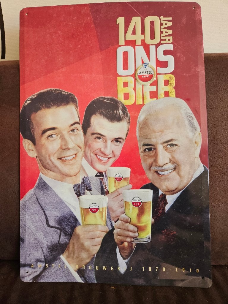 Uniek Amstel Bier metalen bord - 140 jaar Amstel Brouwerij, Ophalen of Verzenden, Gebruikt, Reclamebord, Plaat of Schild, Amstel