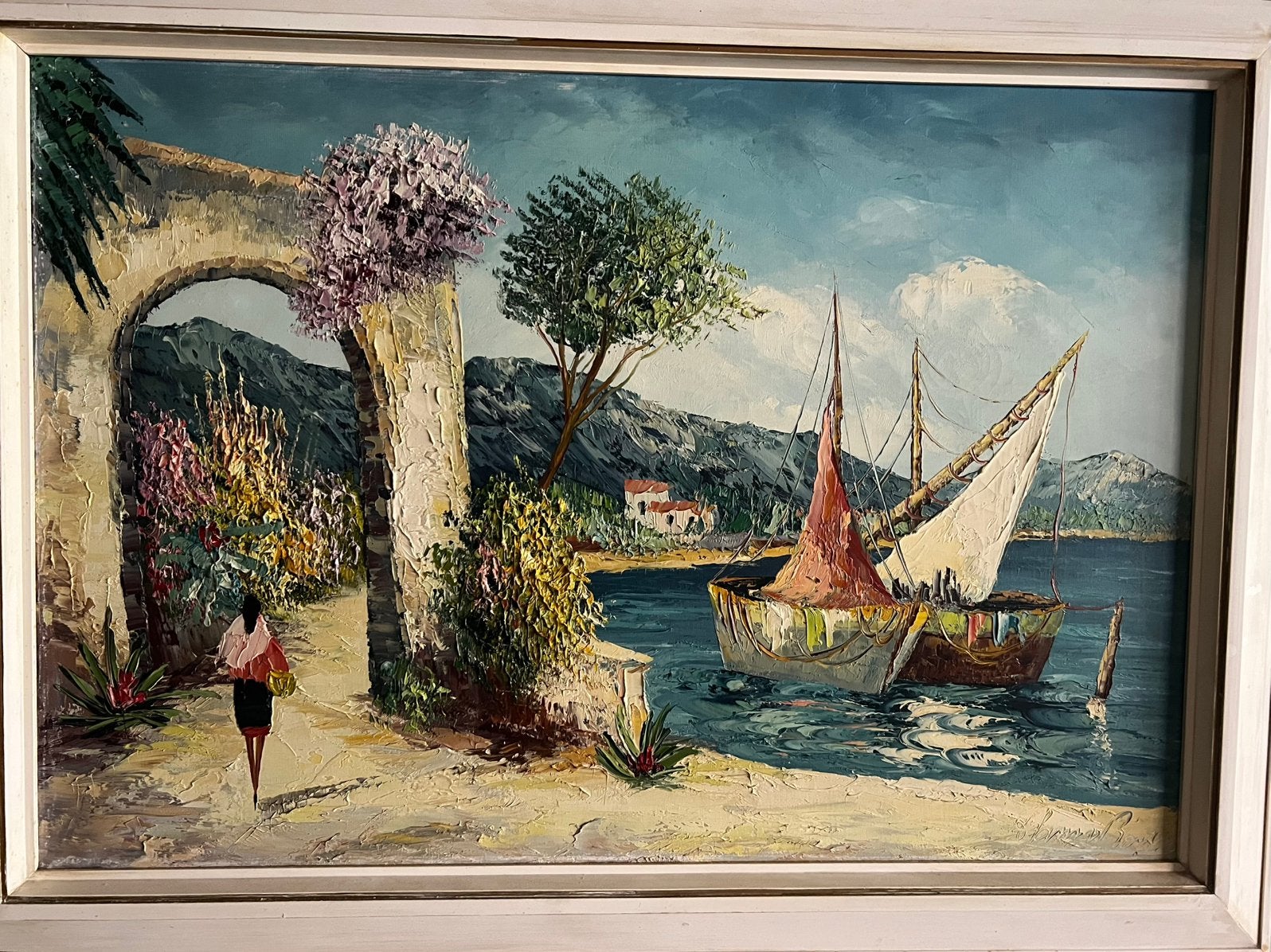 GROOT INGELIJST OLIEVERFSCHILDERIJ MEDITERRANEES, Ophalen, Ingelijst, Olieverf, Overig onderwerp