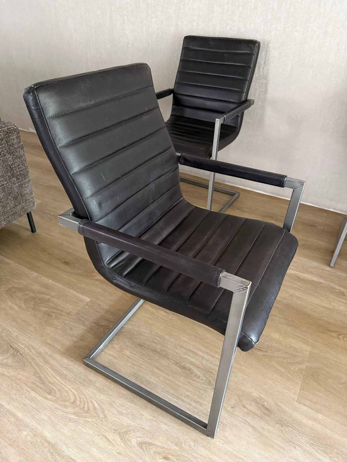 6 industriële eetkamerstoelen met metalen frame en leer, Gebruikt, Bruin, Leer, Ophalen of Verzenden