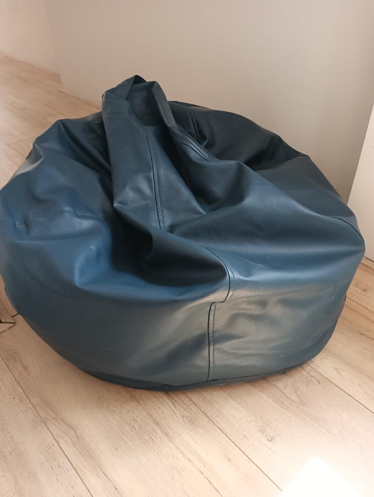 Blauwe poef, Rond, Leer, Zo goed als nieuw, 75 tot 100 cm